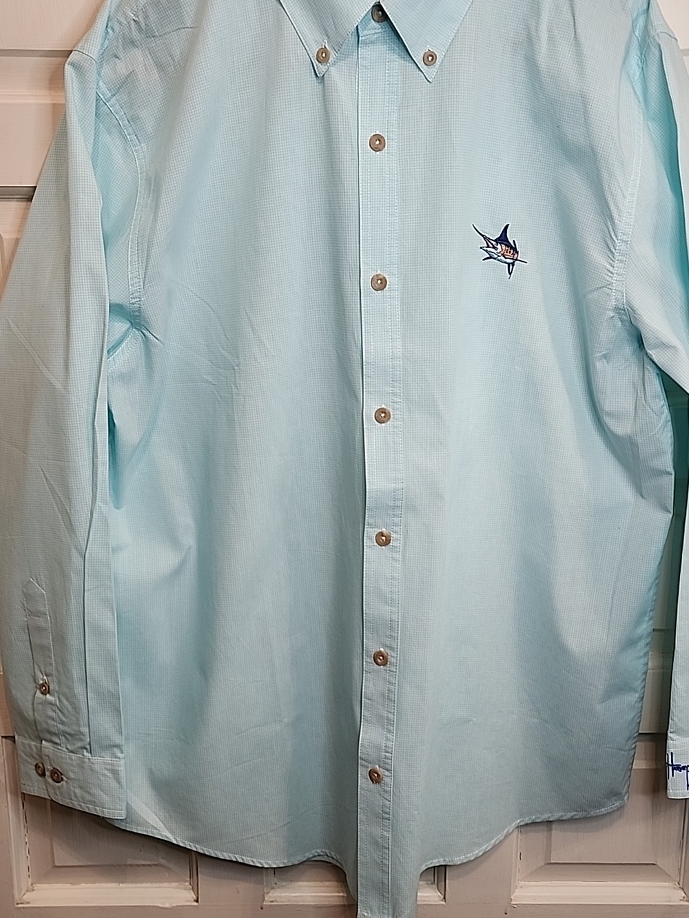 GUY HARVEY Light Mint Green Checked Button-Down Shirt with Marlin Embroidery